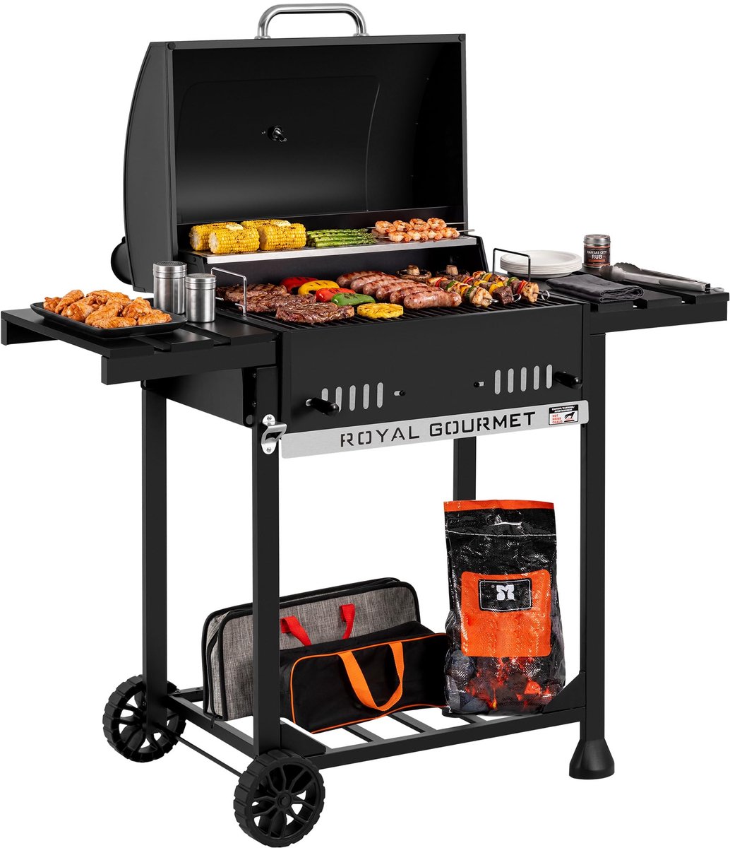 SnelShoppen - Houtskoolgrill op Trolley met Inklapbare Planken, Deksel en Thermometer - Kookoppervlak 56,5 x 42,2 cm - Zwarte Tuin- en Campinggrill