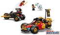LEGO Ninjago: een rode en zwarte buggy, een zwarte motor en drie Ninjago-figuren.