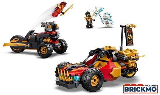 LEGO Ninjago: een rode en zwarte buggy, een zwarte motor en drie Ninjago-figuren.