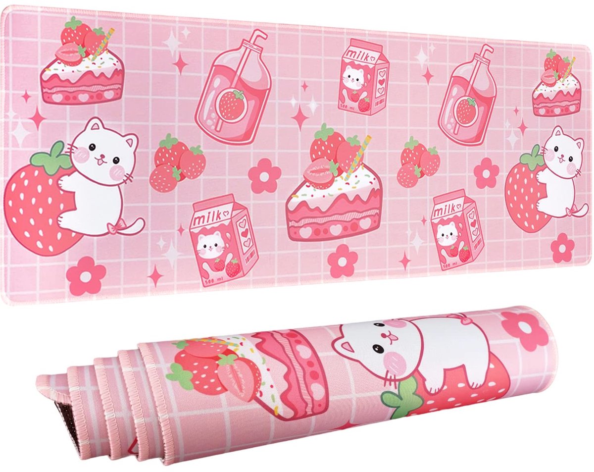 SnelShoppen - Kawaii Gaming Muismat XL - Roze Kat Aardbeienmelk - 80 x 30 cm - Anti-Slip Rubber - Glad Oppervlak - Perfect voor Gamer en Kantoor
