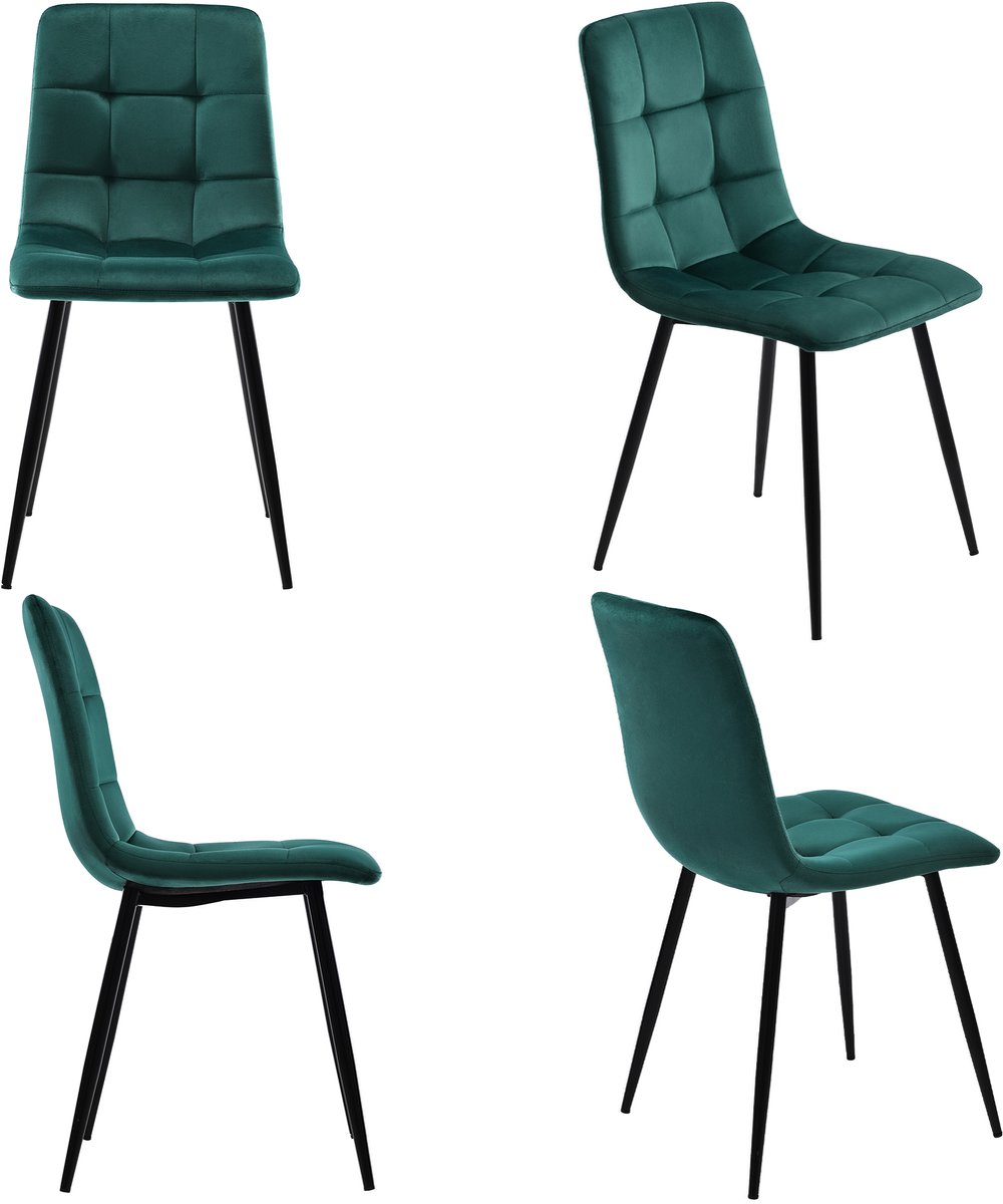 Eetkamerstoelen - Velvet stoelen - Keukenstoelen - Stoelen – Ergonomisch – Metaal – Zacht - Robuust - Woonkamer - 44x41x86cm - Set van 4 - Donkergroen