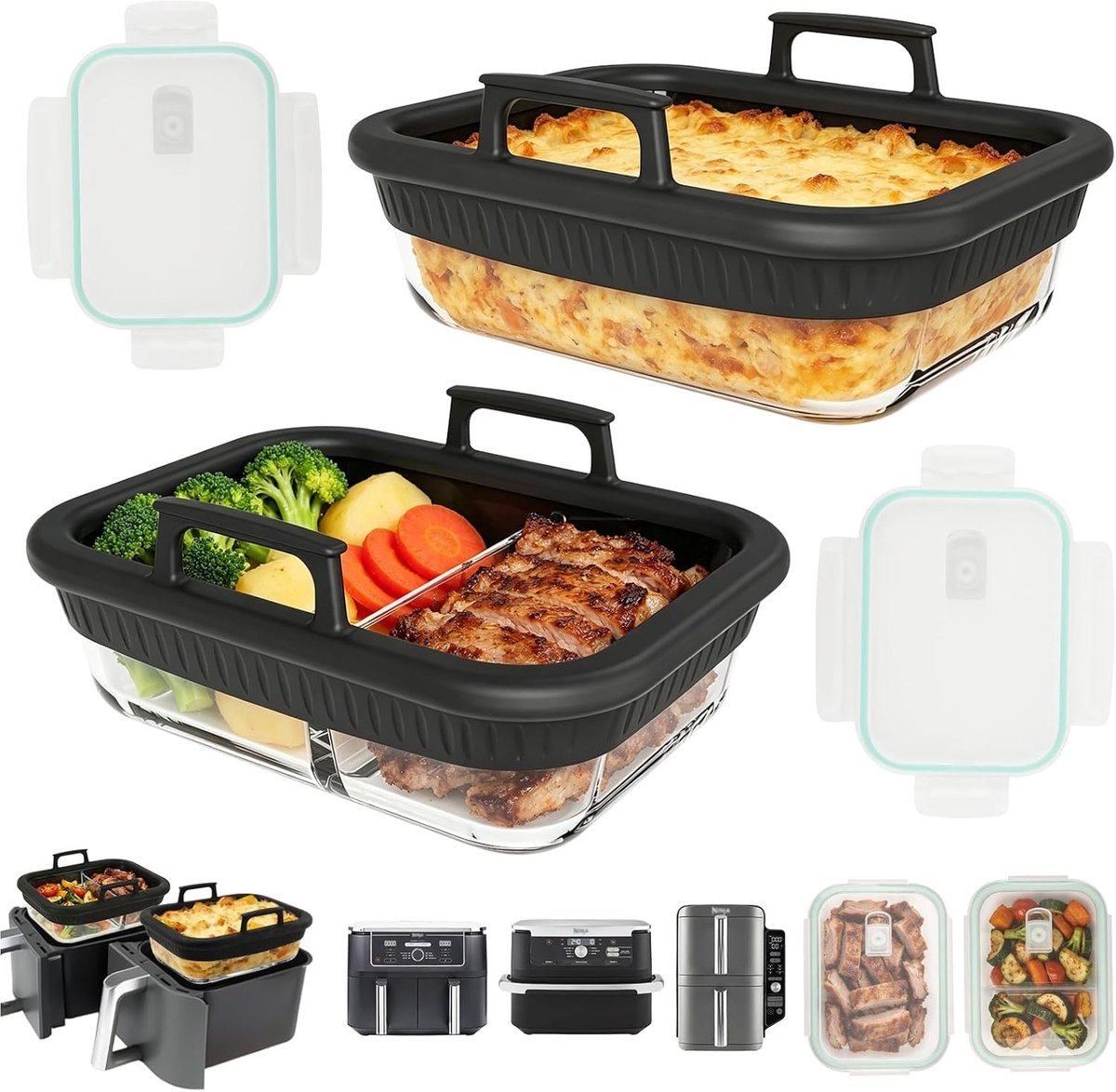 Glazen Vershouddoos - Voedselcontainer Set - Maaltijden Bewaren - Met Siliconen Frame - 2 stuks - Zwart