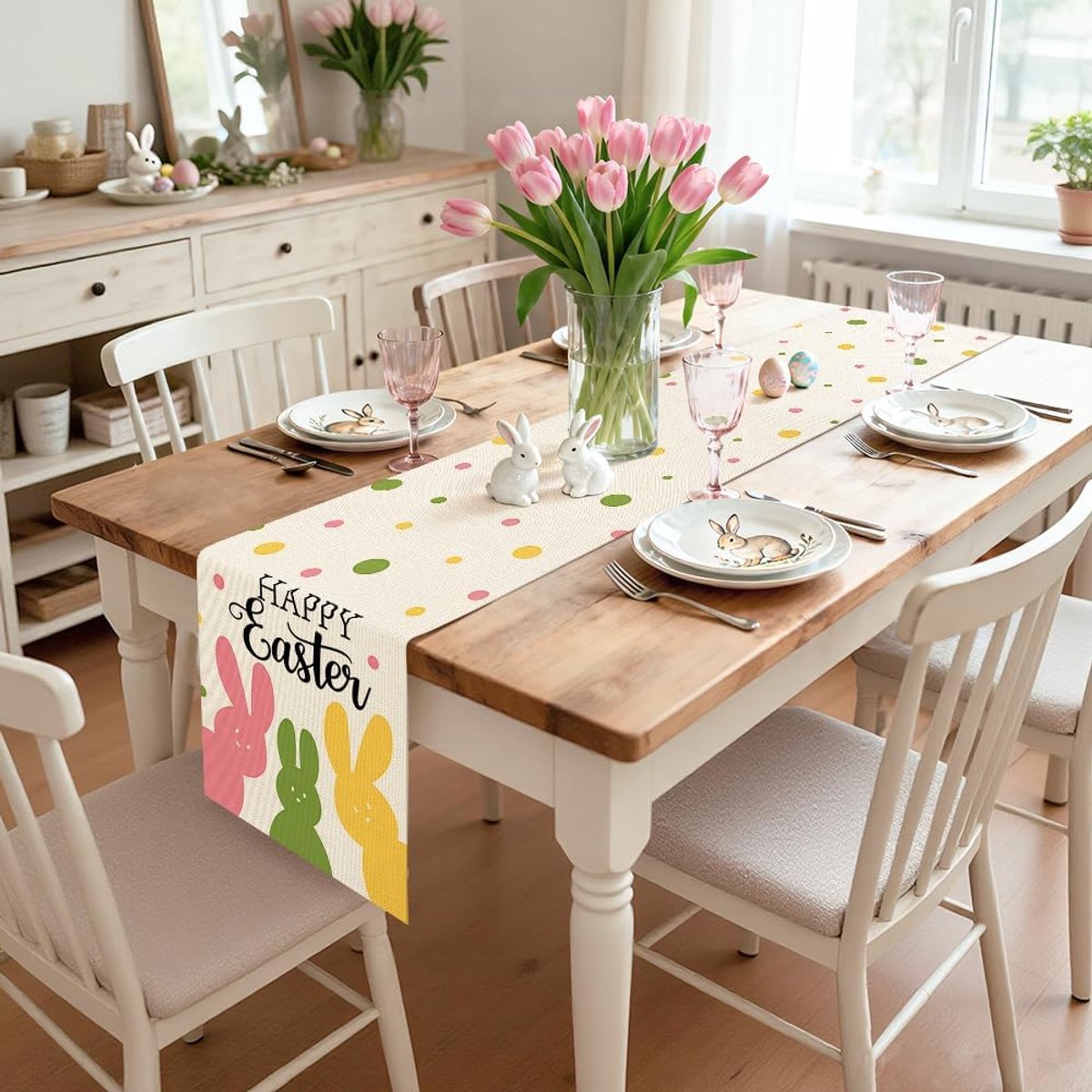 SnelShoppen - Tafelkleed Paasdecoratie - Happy Easter Tafelrunner 40x100cm - Kleurig Tafellaken met Konijn - Polyester Keuken en Eetkamer - Feestelijk