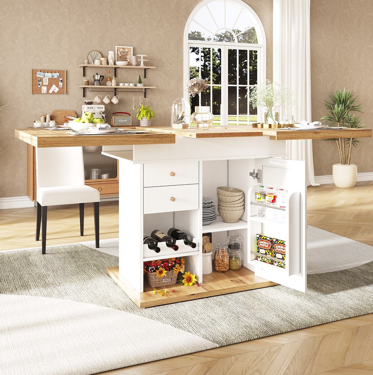 MEUNIQ Uitschuifbare eettafel 110-140 x 80 x 75 cm met lade, opbergruimte en wijnrek voor keuken en woonkamer, wit