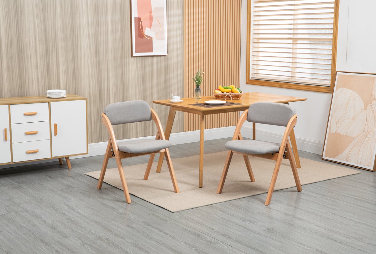 MEUNIQ inklapstoel set van 2 met zachte gestoffeerde zitting, opvouwbaar houten klapstoel voor eetkamer, keuken, camping en extra zitplaats, grijs
