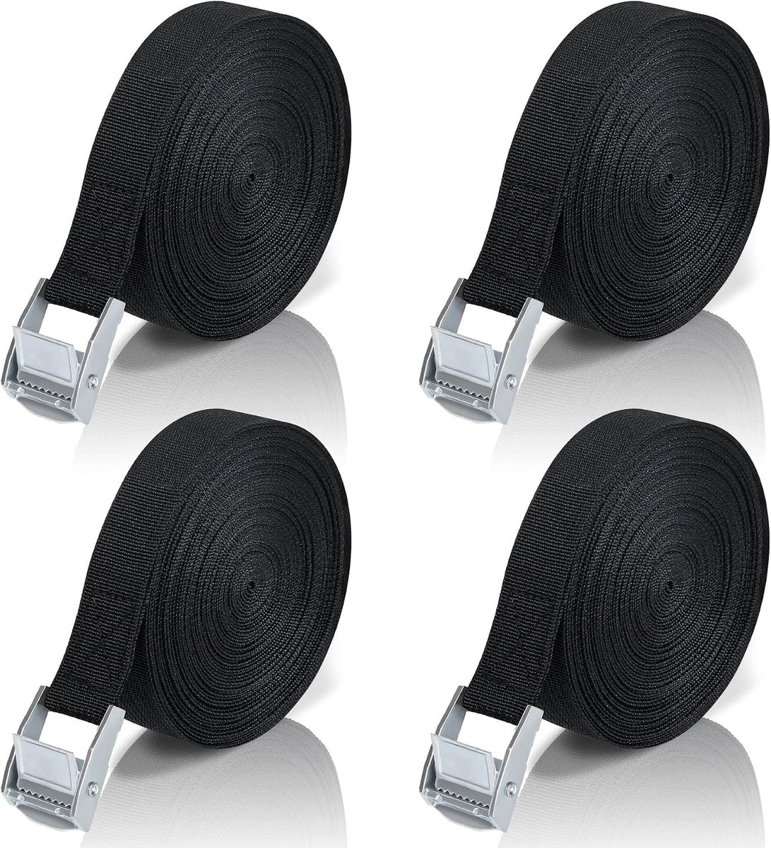 SnelShoppen - Lashing Straps met Ratchet 4 Pack - 10m Lashing Straps voor Fietsendrager, Zwart, Sterke Bevestigingsband voor Auto, Motor, Kamperen, Lu