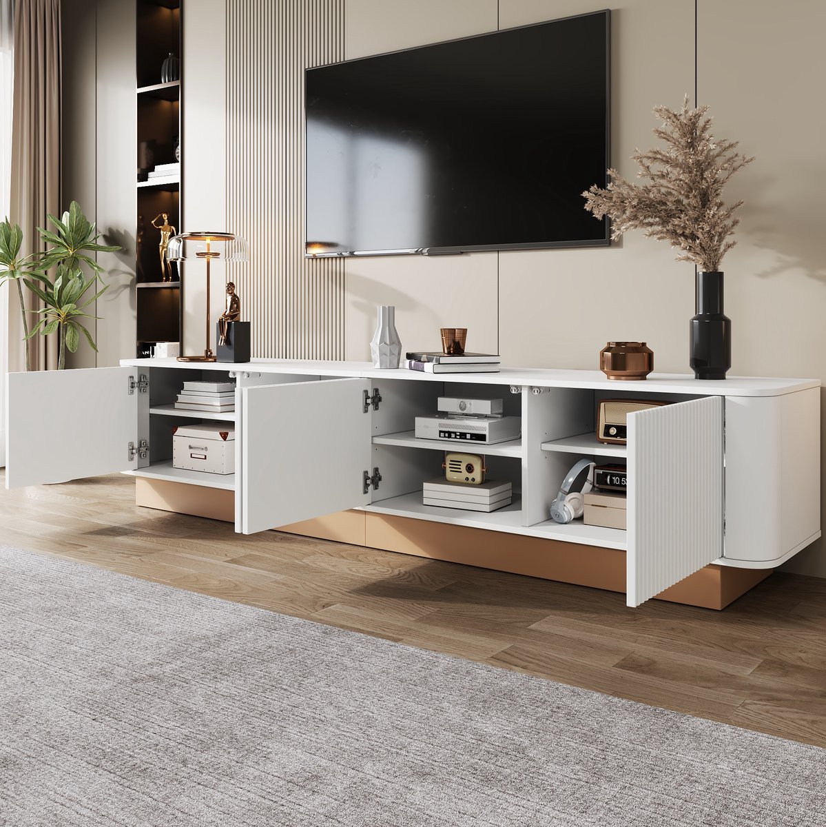 MODENUIT TV-Meubel - 4 Deuren Met Verstelbare Planken En Kabeldoorvoer - MDF - Wit - 200x40x47,5 cm