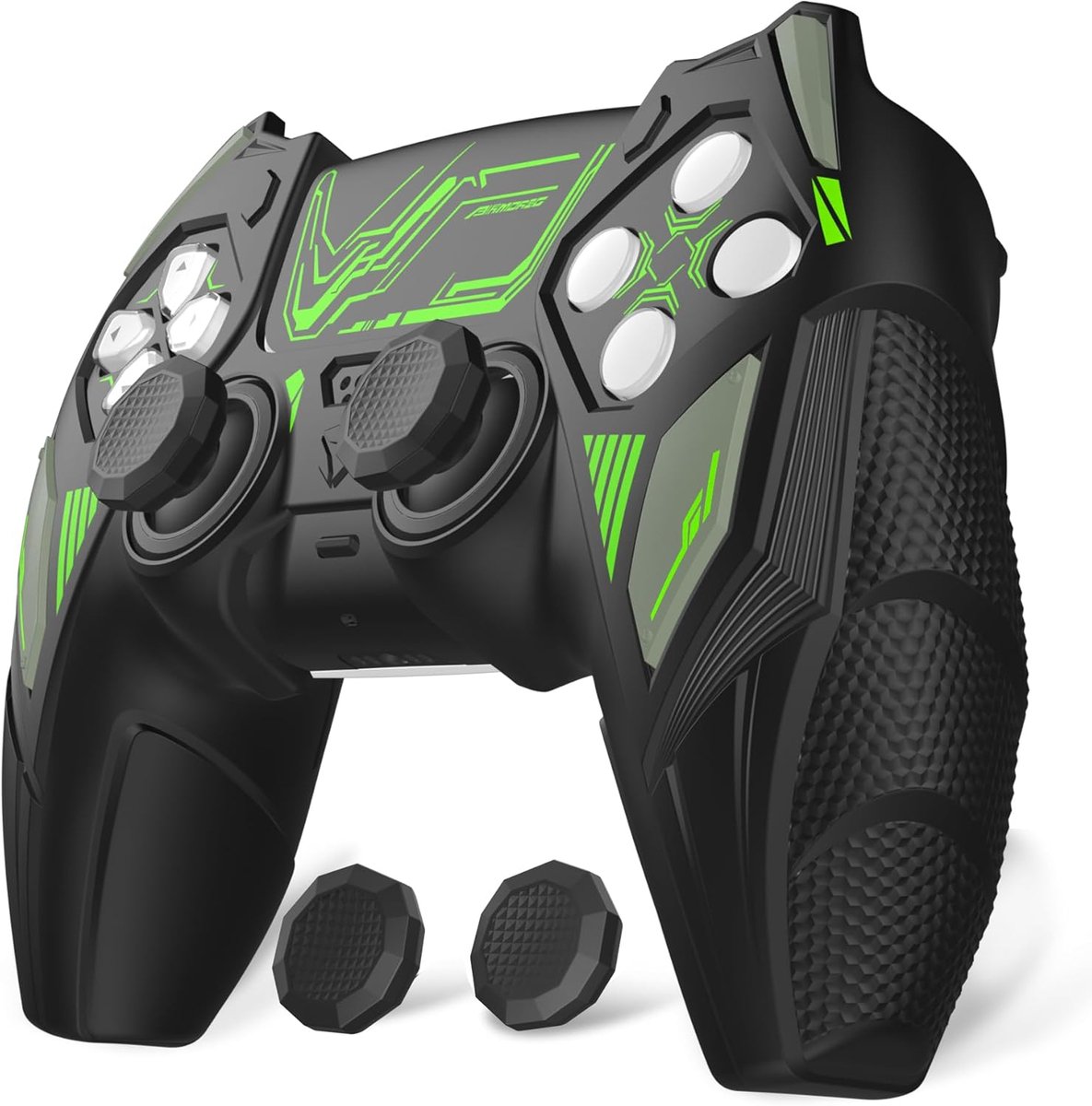 SnelShoppen - Silicone Case voor PS5 Controller - Non-slip Gamepad Grip Skin met Thumb Stick Covers & Stickers - Mecha Rhino Design (Zwart & Groen)