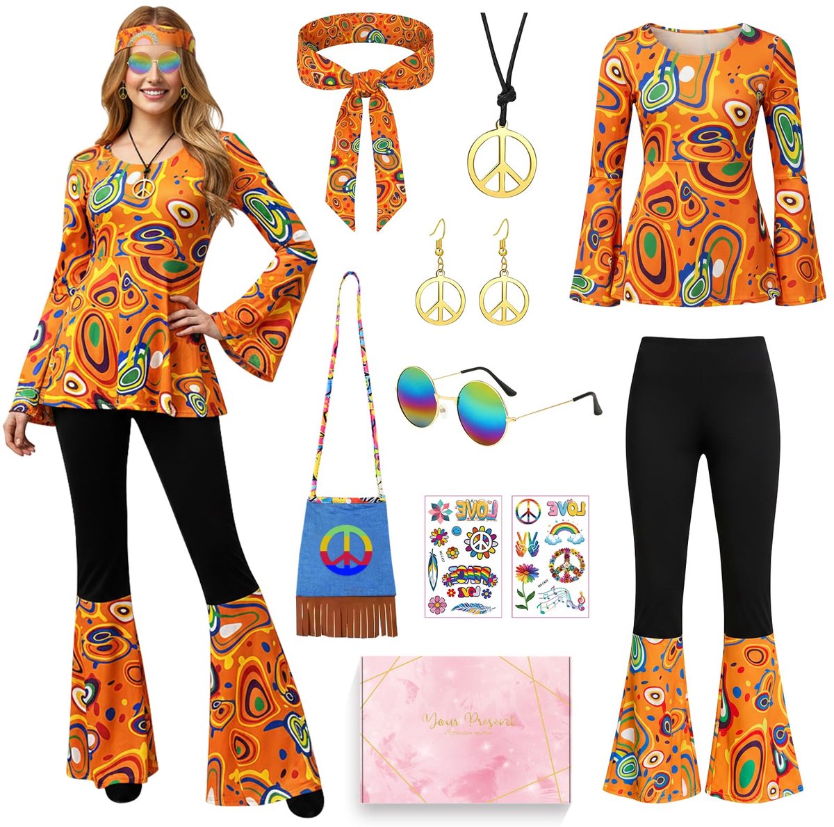 SnelShoppen - COYBTO Hippiekostuum Dames Jaren '70 Jurk Retro Top Klokbroek Carnaval Halloween Cosplay Disco Kostuum Oranje Maat L