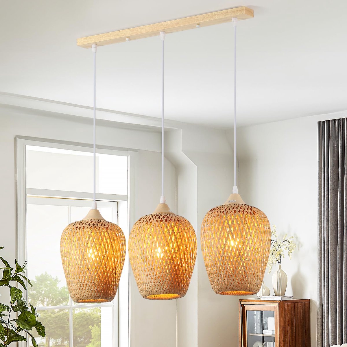 SnelShoppen - Boho Kroonluchter van Bamboe en Hout - Handgeweven Vintage Lamp met 3 Lichtpunten voor Slaapkamer, Woonkamer en Nachttafels - Unieke Dec