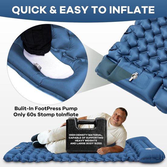HiOutdoor Opblaasbare Slaapmat 10 cm - Ultralicht Campingmatras met Voetpomp - Blauw — afbeelding 5