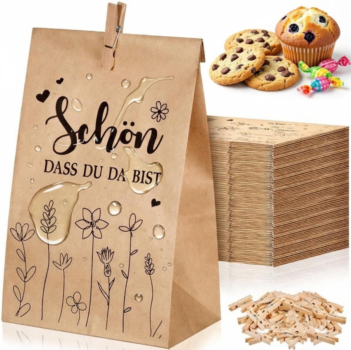 36 Bruine Kraft Papieren Tassen 13x24cm, Grote Voedsel Tassen met 36 Clips voor Sandwiches, Snoep en Cadeaus voor Feestjes en Bruiloften
