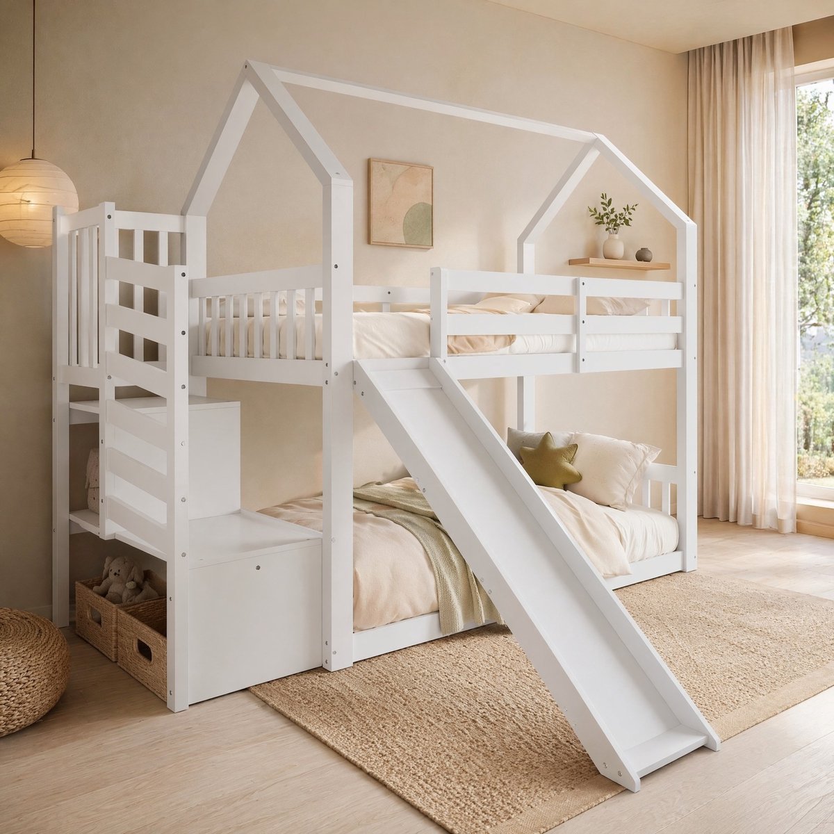 COVREO Stapelbed 90x200 cm wit met opbergtrap en glijbaan zonder matras