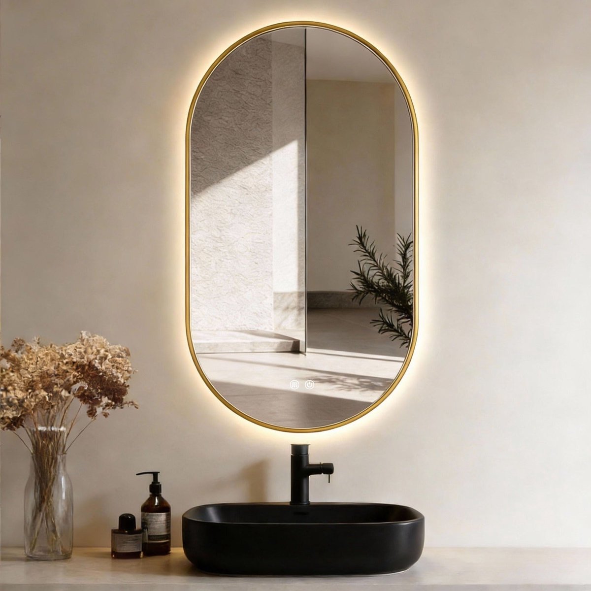 H&F LED Spiegel Ovaal 50x100 cm met Gouden Rand – Badkamerspiegel met Anticondens, Dimbaar & Instelbare Lichtkleur