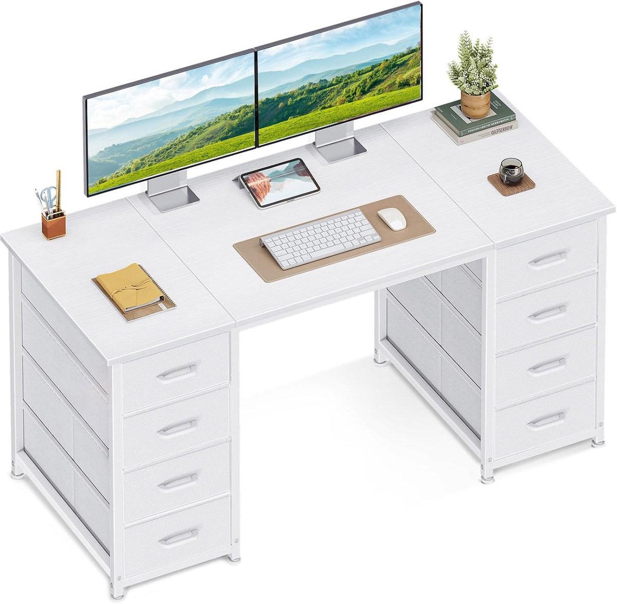 SnelShoppen - Coleshome Bureau met 8 Stoffen Laden, Computerbureau met Opbergruimte, Kantoortafel voor Thuis, Woonkamer, Kantoor - Wit 120x48cm