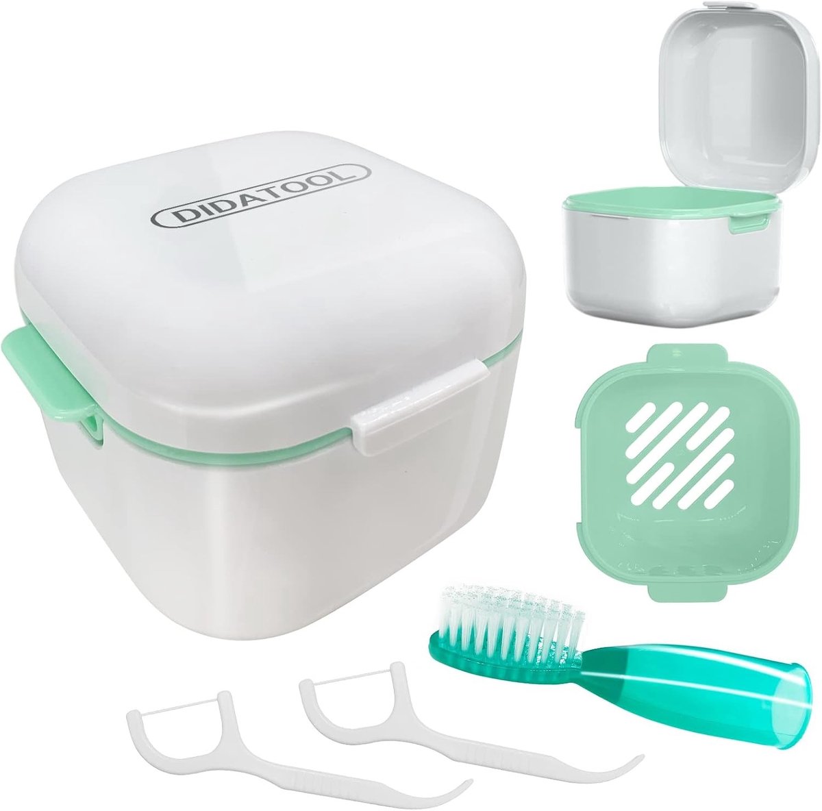 Denture Opbergdoos met Filter en Vinger Tandenborstel voor Reiniging en Opslag van Tandprotheses, Ideaal voor Tandenvervanging en Onderhoud