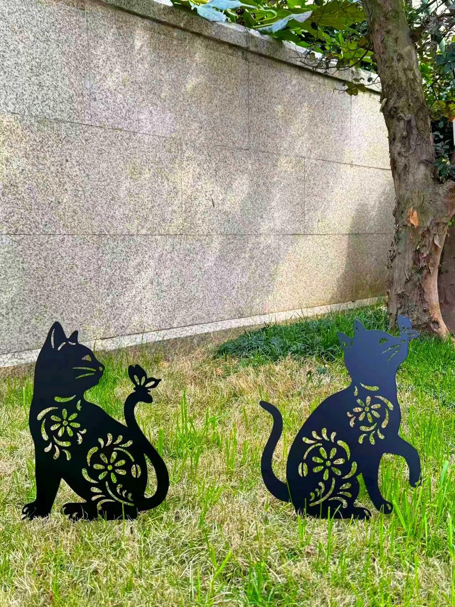 SnelShoppen - Metalen katten-tuinsteker 2-pack zwart kattensilhouet, decoratief standbeeld voor tuin, gazon, binnenplaats, buitendecoratie voor katten