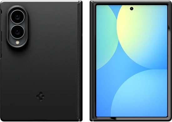 Zwart telefoonhoesje, gesloten achterkant en open scherm.