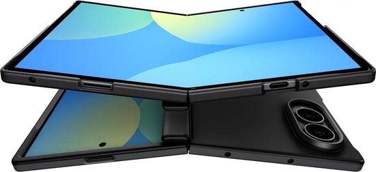 Zwart telefoonhoesje dat open is met dubbele schermen zichtbaar.