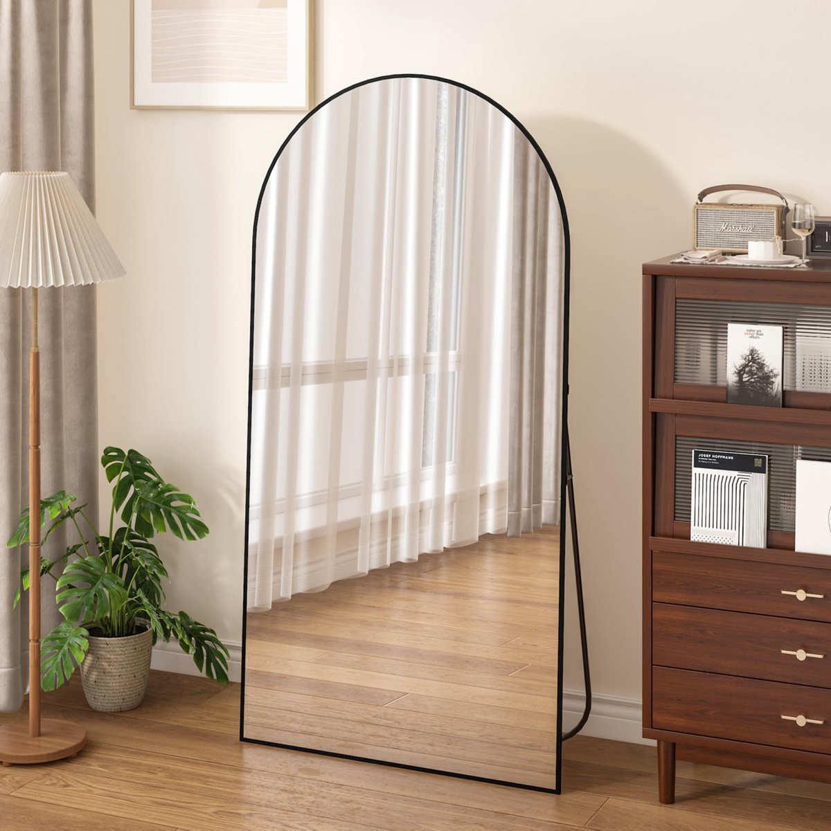 SnelShoppen - Gebogen Vloerspiegel 198 x 96 cm - Volledige Lengte Spiegel met Standaard - Grote Wandspiegel - Full-Body Spiegel - Zwart - Staand of Te