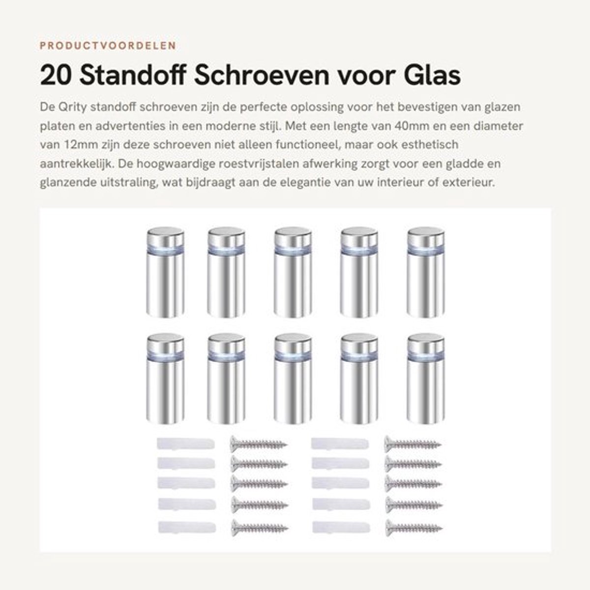 Spreader Screws 20 Stuks - Roestvrij Staal - 12 x 40mm - Met Beugel/Schroeven - Voor Glas/Acryl - Duurzaam/Modern - Standoffs