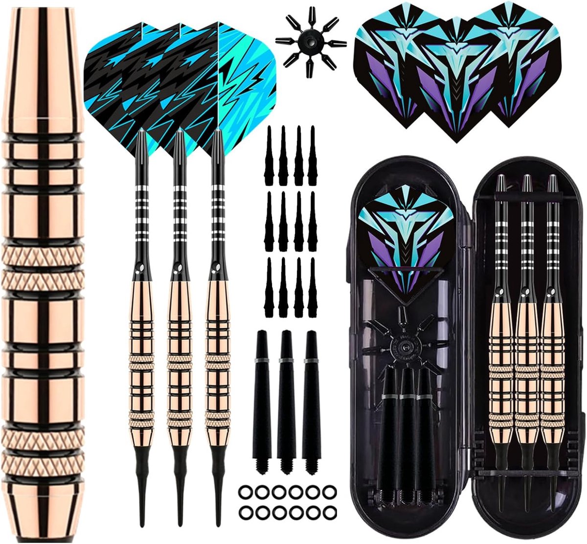 SnelShoppen - Professionele Dart Flights Set met Plastic Tips, 18g, 3 Stuks, 30 Plastic Dart Tips, 6 Flights en Opbergtas voor Elektronische Dartbord