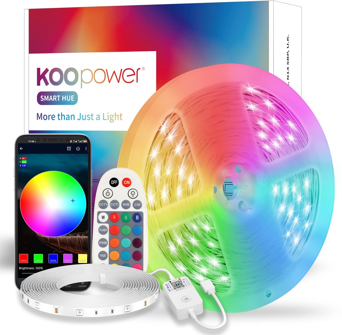 SnelShoppen - 15 m Bluetooth RGB Ledstrip met IR-afstandsbediening, Dimbare Kleurrijke LED Lichtketting voor Party, Keuken, Tuin en Feest - Energiekla