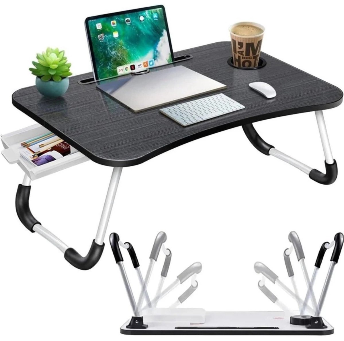 Noventra - Laptoptafel - Bedtafel - Opvouwbare Laptoptafel - Ontbijttafel voor bed - Met Bekerhouder, Tablethouder & Opberglade - Zwart