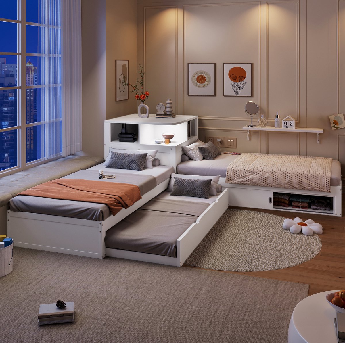 Platformbed 90x200 cm – L-Vormig Bed Met Uitschuifbed En Schuifdeur Opbergruimte – Met Nachtlicht – Kinderkamer – MDF En Grenenhout – Wit – Zonder Matras