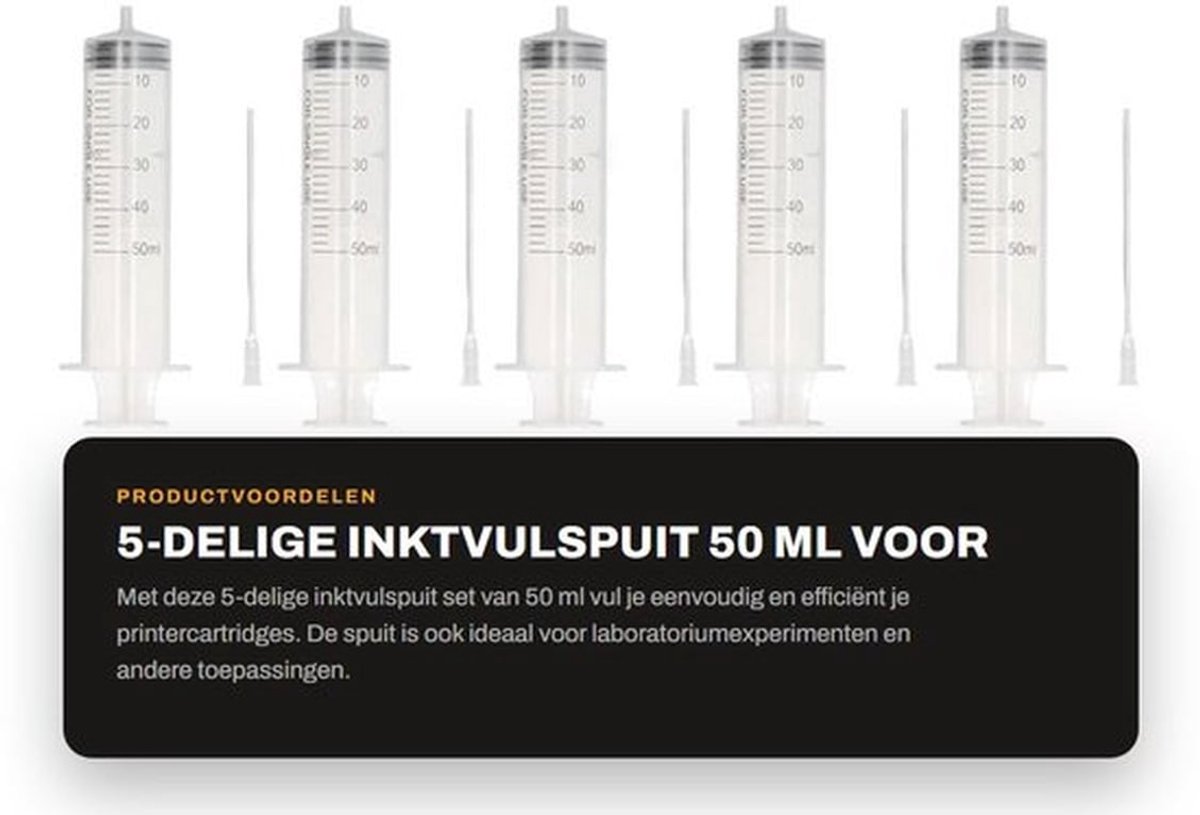 Inkt Vulspuit 50 Ml - 5 Stuks - Duidelijke Schaalverdeling - Roestvrij Staal - PP-Kunststof - Voor Printercartridge/Laboratorium - Spuit
