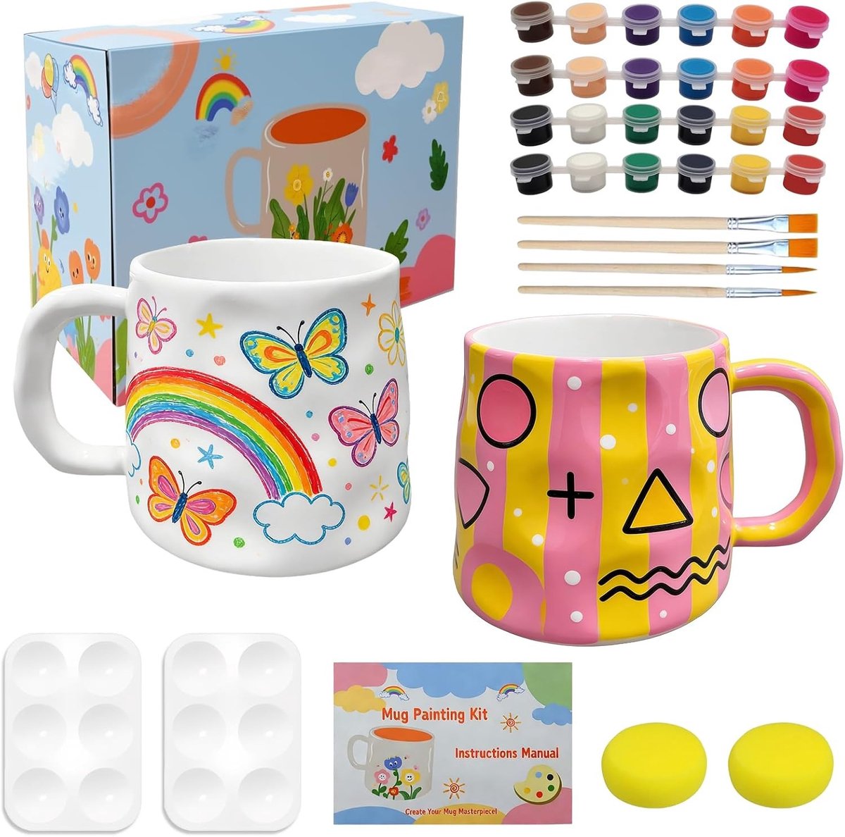 Creatieve keramische schilderset voor kinderen en volwassenen, inclusief kopjes, penselen en kleuren, ideaal voor doe-het-zelf projecten en cadeau's
