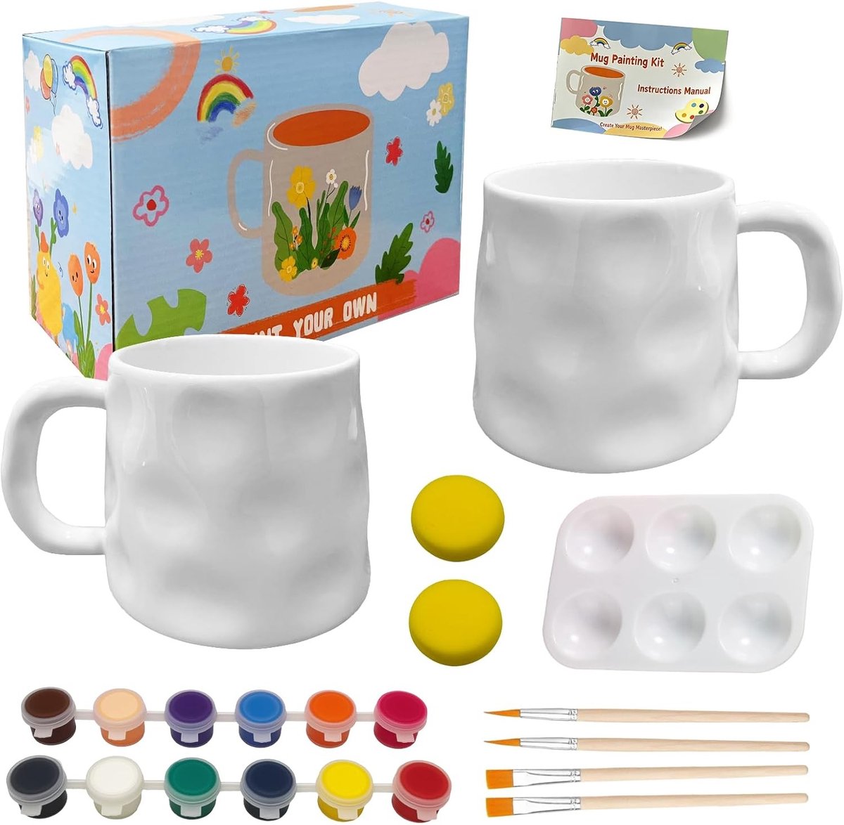 DIY keramisch schilderset met 2 mokken, penseel, kleuren en instructies voor creatieve projecten en cadeau-ideeën voor kinderen en volwassenen