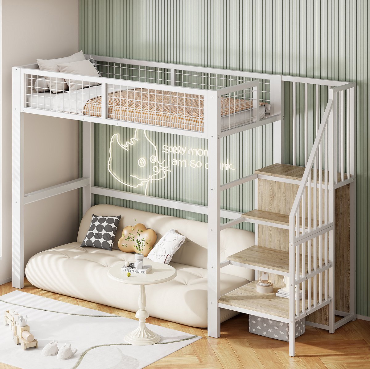 COVREO Bedframe 90x200 cm wit met ladder en kast zonder matras