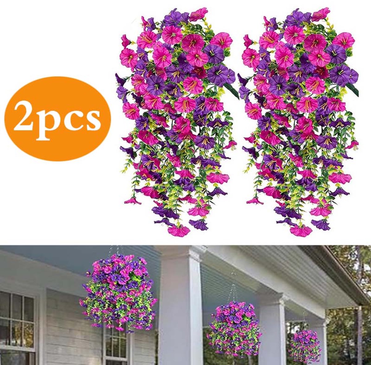 Flintry 2 stuks Kunstmatige winde slinger 75 cm - Kunstmatige slingerkrans - Decoratie voor huis, tuin en bruiloft - Hangende kunstbloemen - Paars en Roze rood