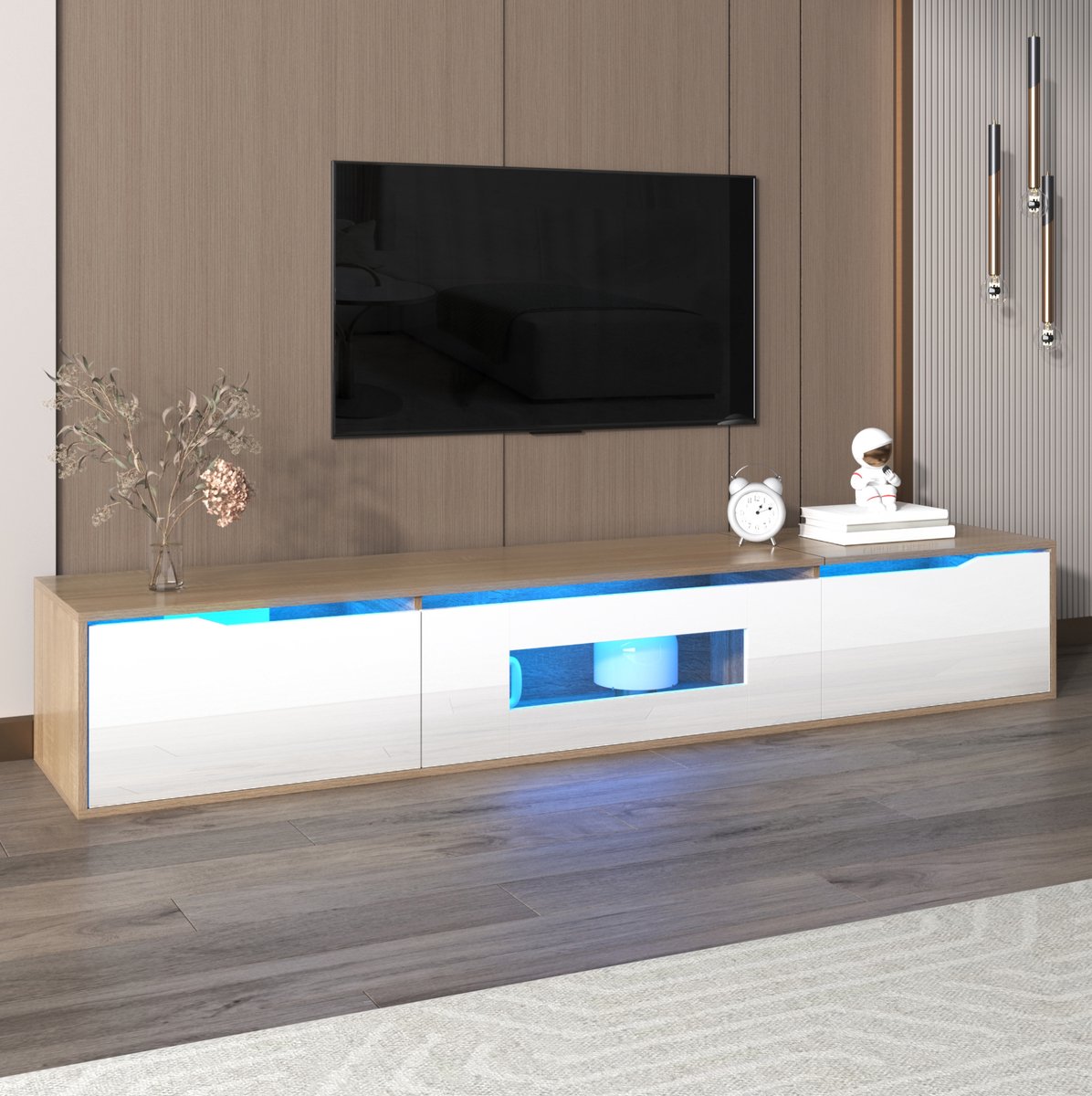 COVREO TV meubel 180x35x30 cm – hoogglans wit, houtkleur, LED-verlichting met 16 kleuren