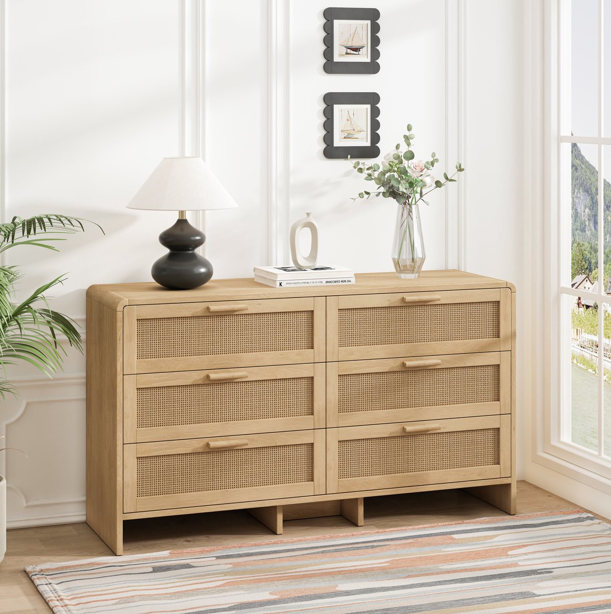 COVREO Dressoir 130x40x74 cm – naturel, 6 lades, met afgeronde hoeken