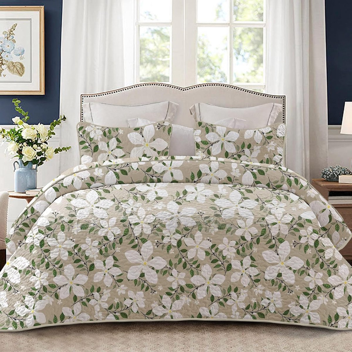SnelShoppen - Whale Flotilla Bedsprei 240 x 260 cm Dubbel Bed Dekbedovertrek Lichtgewicht Inclusief 2 Kussenslopen Bloemen Beige Voor Alle Seizoenen