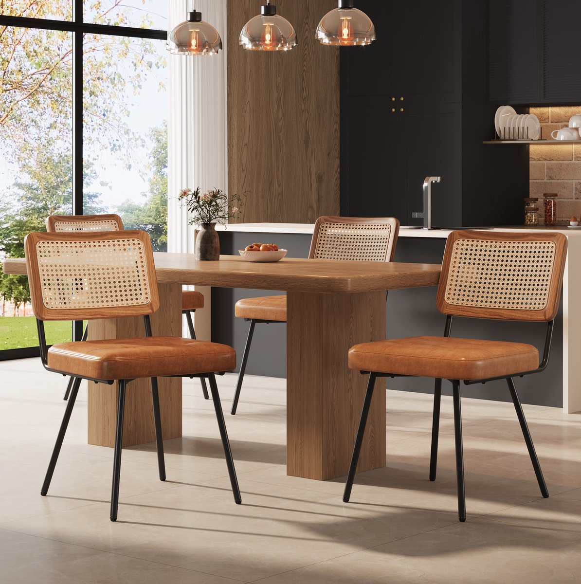 MEUNIQ Eetkamerstoel set van 4 met kunstleren zitting, PE-rattan rugleuning, metalen poten en verstelbare steunvoeten, 61 x 46 x 79 cm, bruin Brown