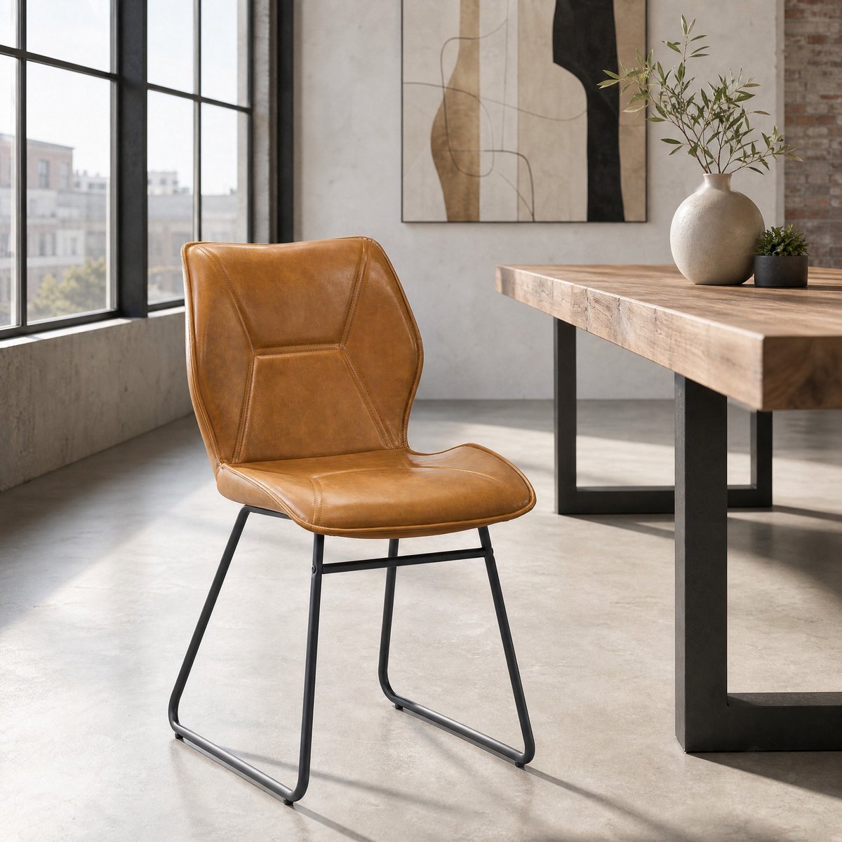 MEUNIQ eetkamerstoelen set van 2 met kunstleren bekleding, zwart metalen onderstel, gestoffeerde zitting en rugleuning, voor eetkamer of kantoor, bruin