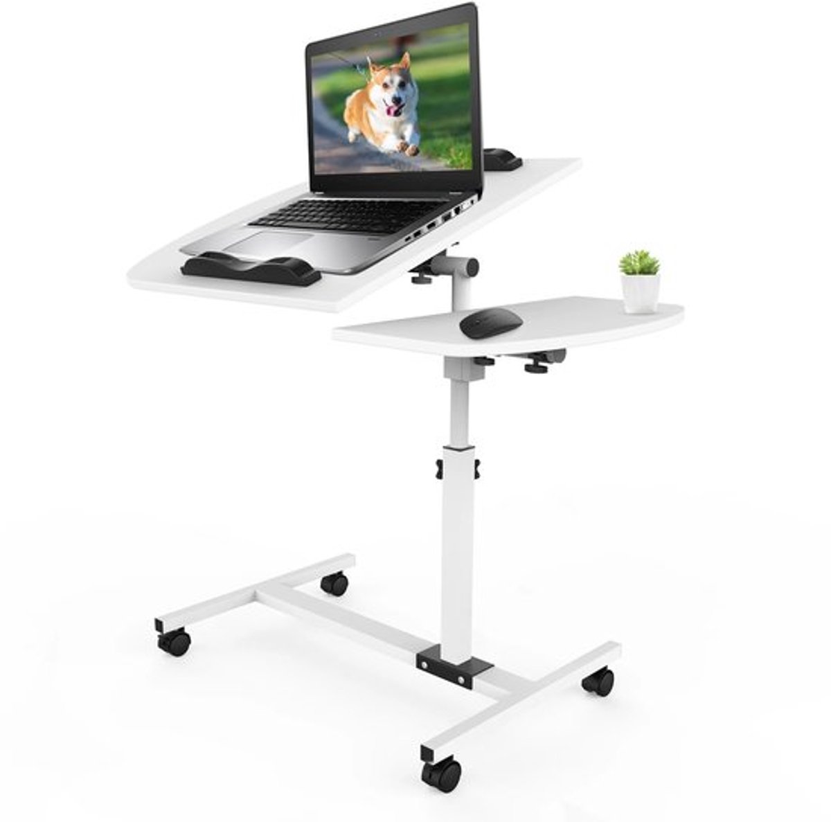 Mobiel sta-bureau, 60x40cm, in hoogte verstelbare bedtafel, 61-95cm, roltafel met 4 wielen, laptoptafel voor
