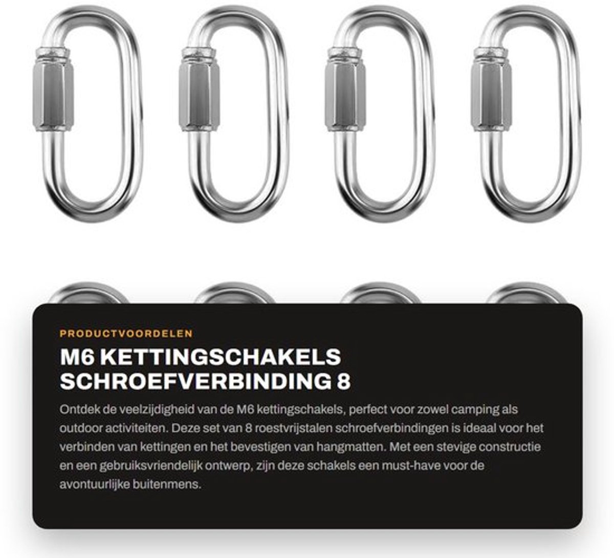 Kettingschakel 8 stuks - Roestvrij Staal - Schroefverbinding - 6 mm - 60 x 30 mm - Voor Outdoor/Hangmat - Verbinder