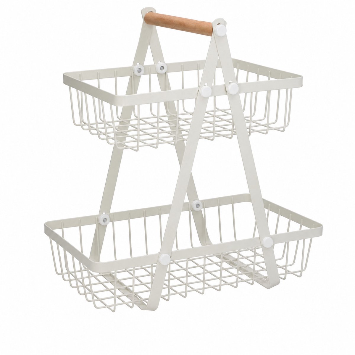 M-Goods Fruitmand 2 Laags Metaal - Opbergmand met Houten Handvat - Fruitschaal Wit - Stabiele A-Vorm - Keuken & Badkamer