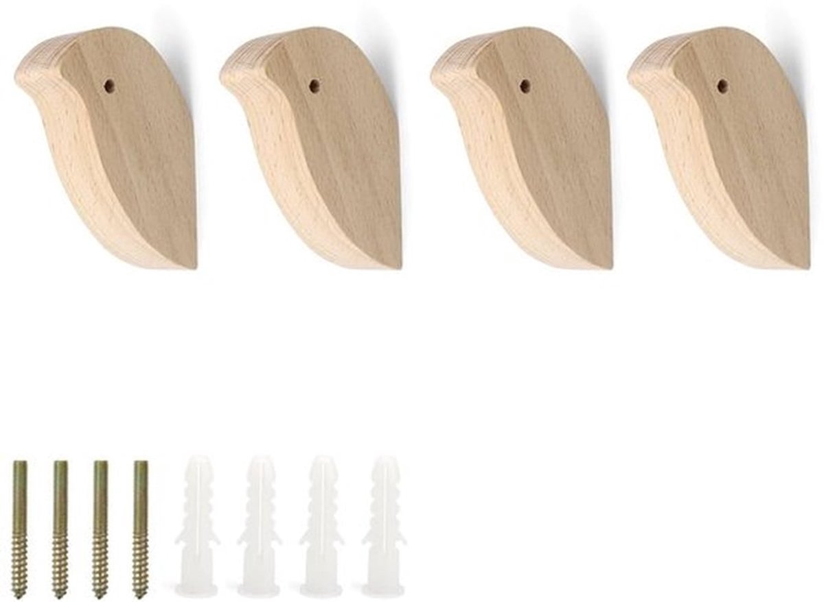 Kledinghaken 4 Stuks - Vogelvorm - Houten Wandhaken - Decoratieve Jas Haken - Schroefmontage - Sterke Draagkracht - Kapstok