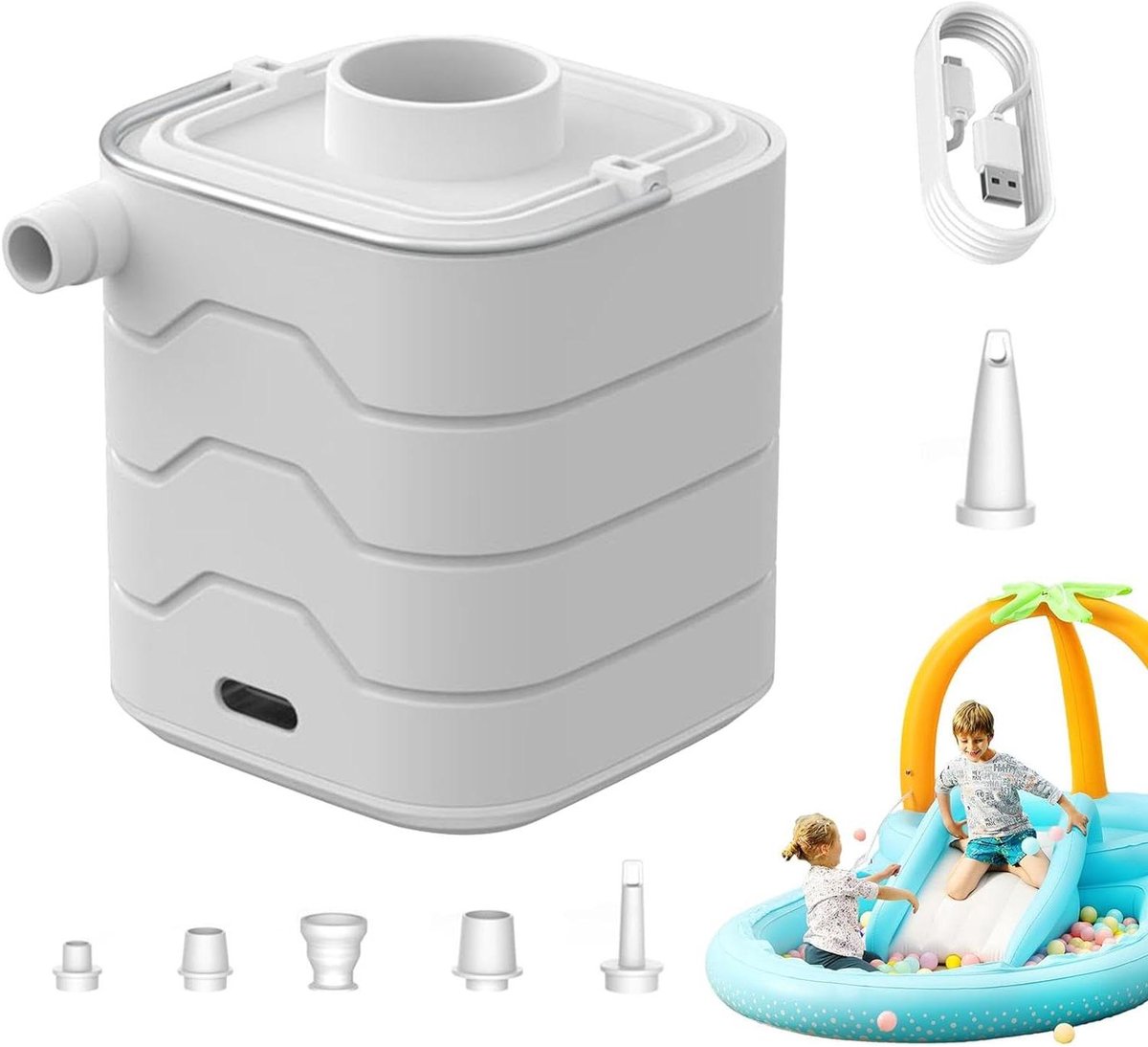 Luchtbed Pomp - Elektrische Pomp - Kamperen en Reizen - Met LED Lamp en 6 Mondstukken - Compact Formaat - Wit