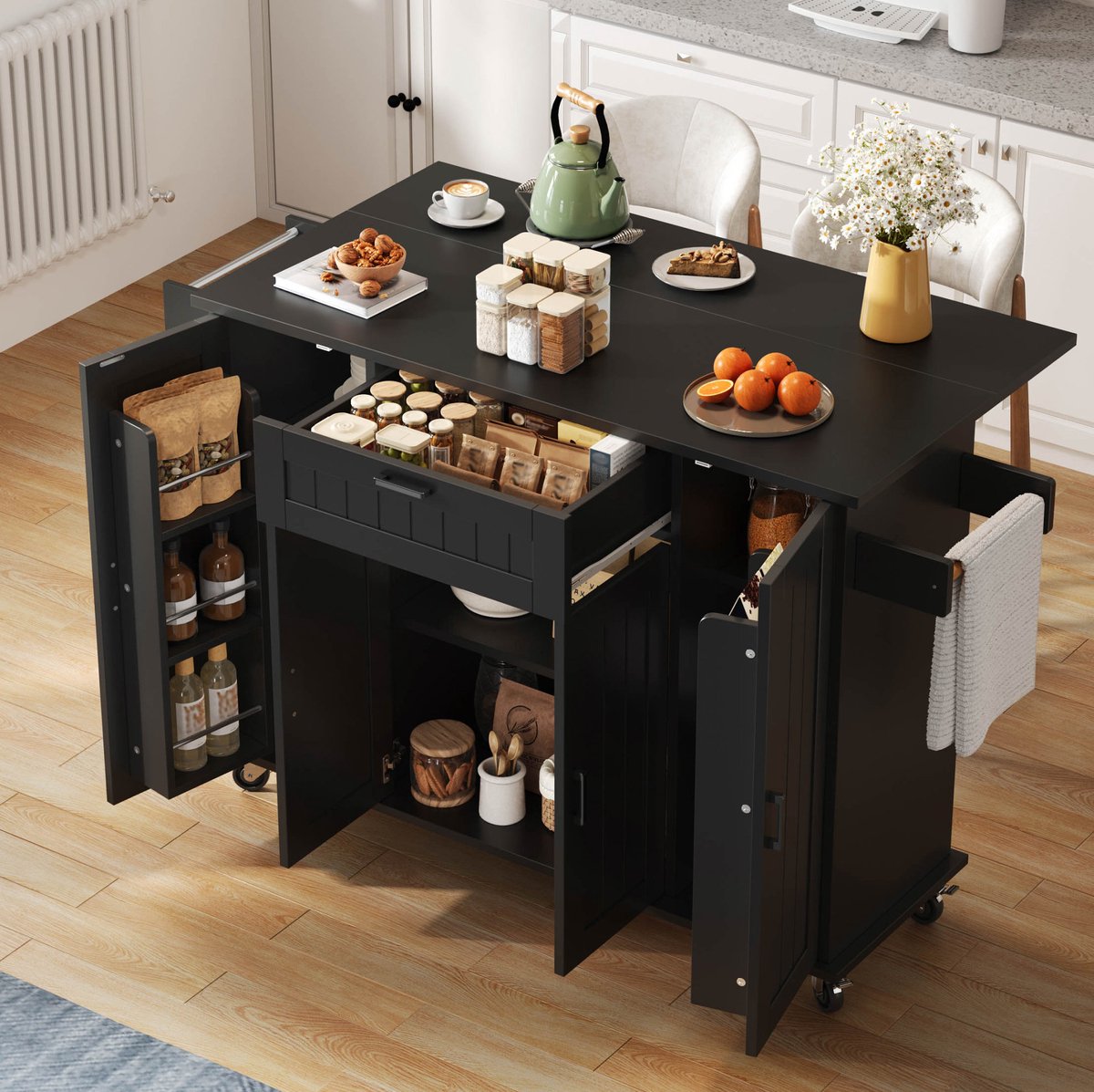 COVREO Keukenkast 120 x 45/70 x 95 cm – zwart MDF, 4 deuren, 1 lade en klapbaar werkblad