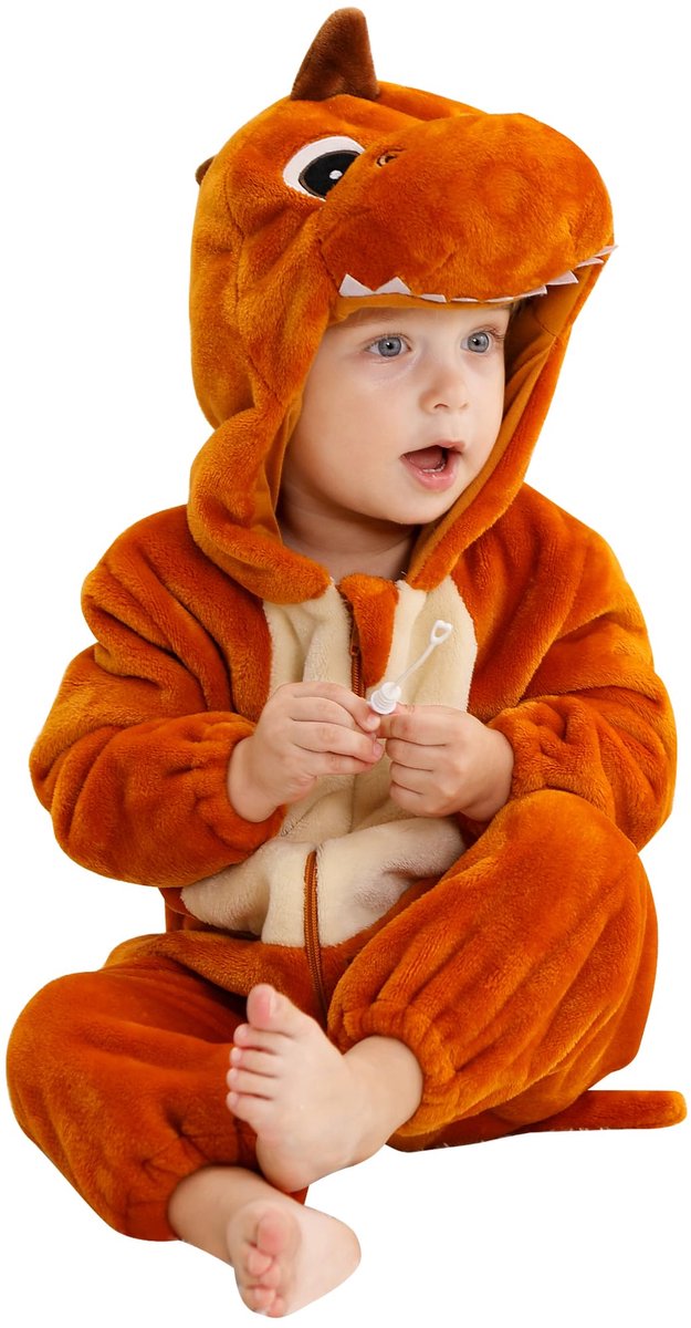 SnelShoppen - Flanellen Baby Romper voor Winter, Zachte Warme Romper 0-6 Maanden, Schattig Dierenontwerp, Oranje Dino, Geschikt voor Jongens en Meisje