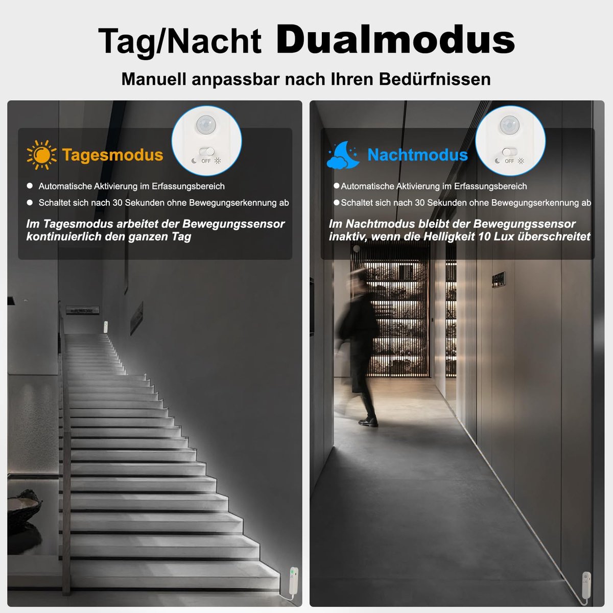 SnelShoppen - Ledstrip met Bewegingsmelder en Lichtsensor, Oplaadbare Kledingkastverlichting, 5m Wit 6500K voor Trap, Baby- en Keukenverlichting
