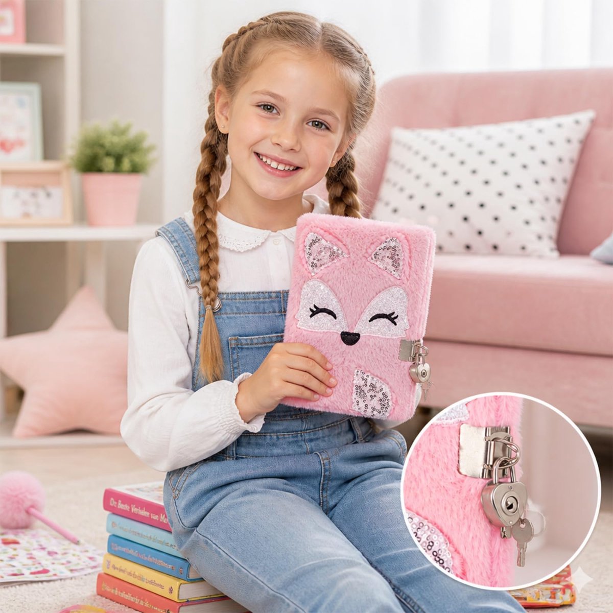 SnelShoppen - KZPR Dagboek voor Meisjes met Slot, Roze Vos Pluche Notitieboek voor Kinderen, 160 Pagina's Fluweel Hardcover, Sleutel Dagboek voor 7-9