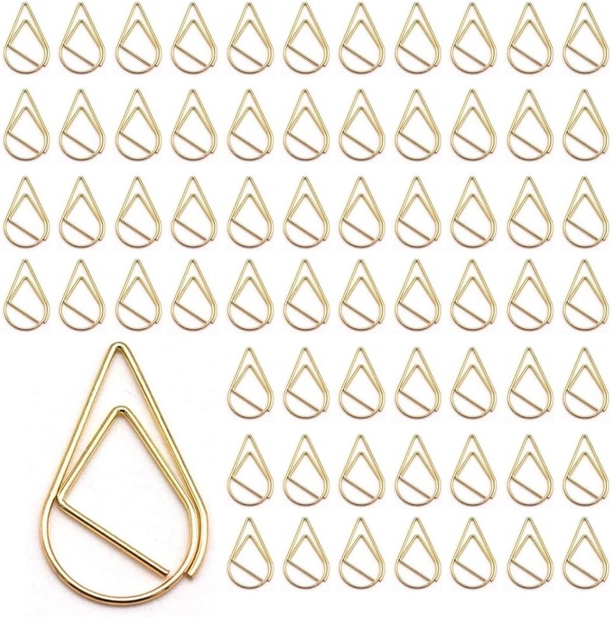 Set van 100 metalen paperclips in watervaldruppelvorm, decoratieve clips voor boeken, posters en documenten in goudkleur