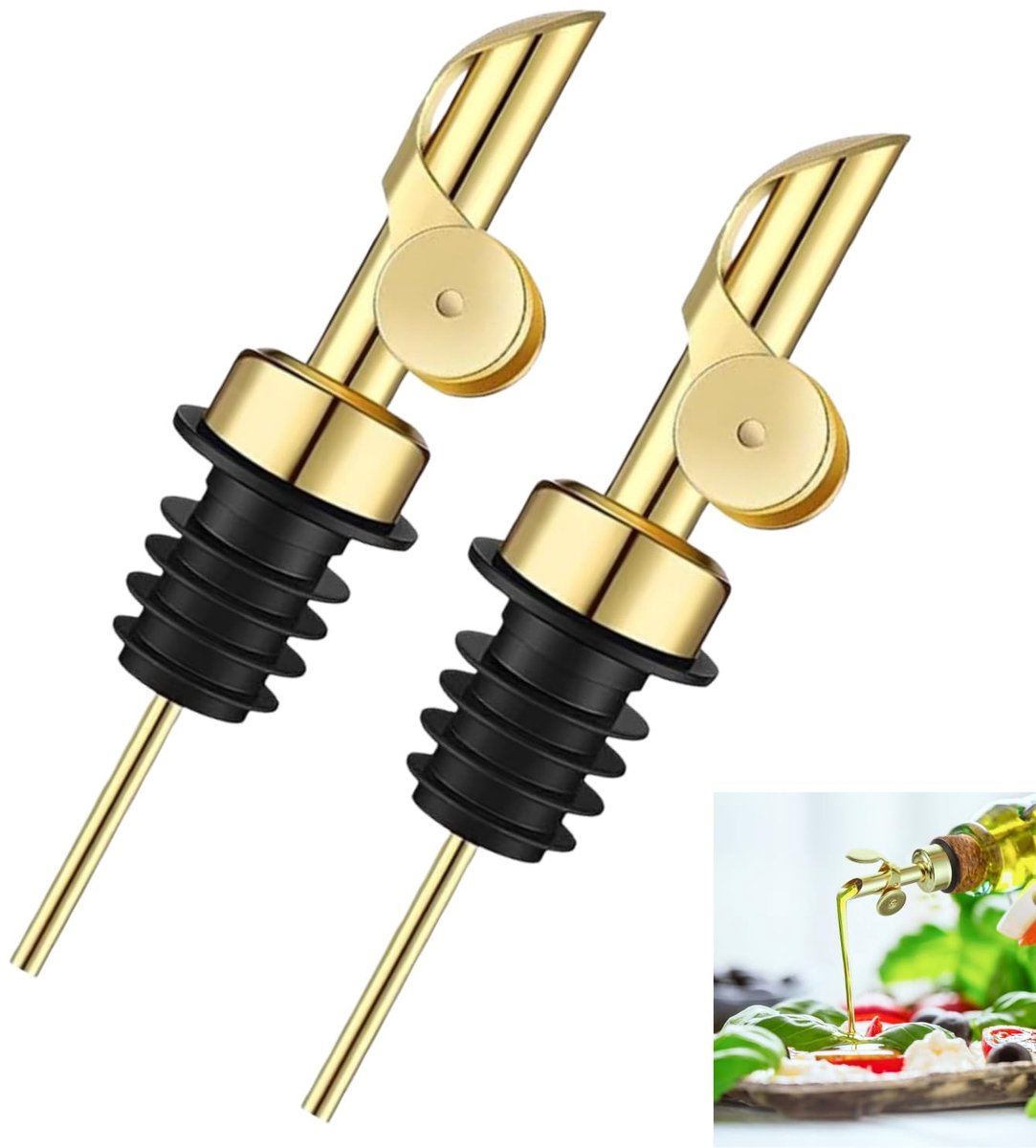 longziming -Olijfolie Schenktuit 2 Stuks - RVS Flesuitgieter met Automatische Klep - Olie Dispenser voor Olijfolie Azijn en Saus - Druppelvrije Keuken Accessoire - Universele Flessenstop - Goud